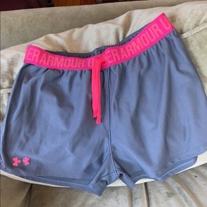 Under Armor pink and grey shorts, size small, waistband string